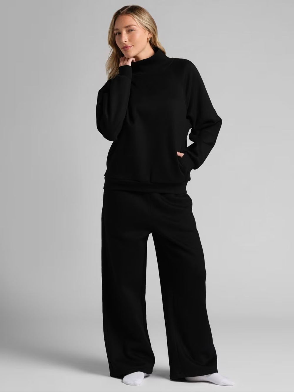Relaxed Black Turtleneck Lounge Set with Wide Leg Pants
